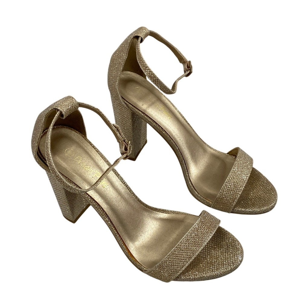 Womens Gold Glitter Ankle Strap Block Heels Size 8 Open Toe Sandals Party Shoes